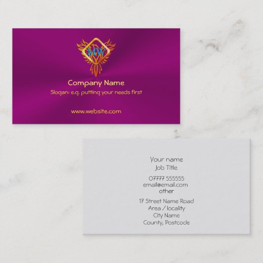 Fire Bird Phoenix over auberginehoudend paars Visitekaartje (Voorkant / Achterkant)