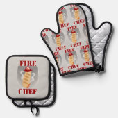 Fire Chef Funny Cooking Time Cartoon Slogan Ovenwant & Pannenlap Set (Voorkant / Achterkant)