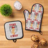 Fire Chef Funny Cooking Time Cartoon Slogan Ovenwant & Pannenlap Set (Top down)