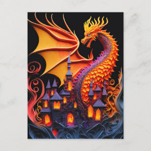 Fire Dragon Castle Fantasy Art Mythical Creaters Briefkaart