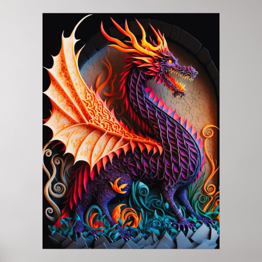 Fire Dragon Castle Fantasy Art Mythical Creaters Poster (Voorkant)