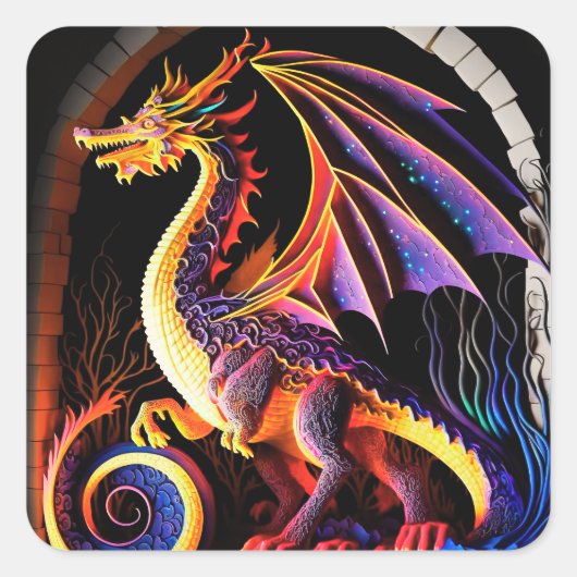 Fire Dragon Castle Fantasy Art Mythical Creaters Vierkante Sticker (Voorkant)