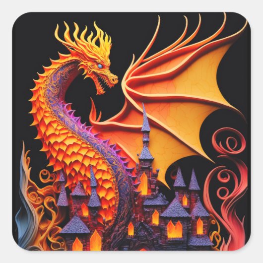 Fire Dragon Castle Fantasy Art Mythical Creaters Vierkante Sticker (Voorkant)