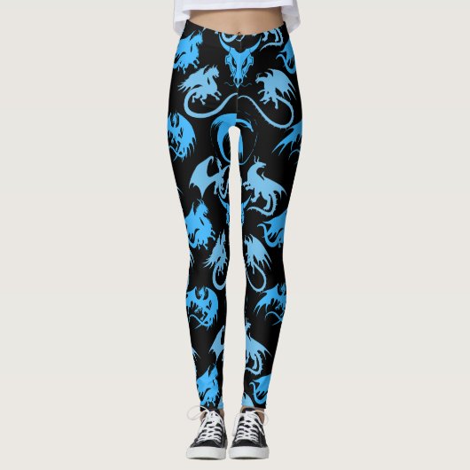 Fire Dragons Pattern LBlue Zwart BG Leggings (Voorkant)