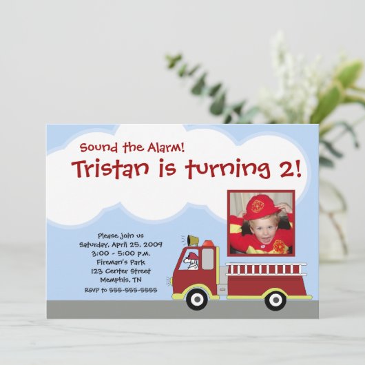 Fire Engine *PHOTO* Birthday Uitnodiging (Staand voorkant)