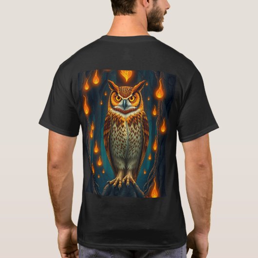 Fire-Eyed Owl Art: Golden Embers, Mystical T-shirt (Achterkant)