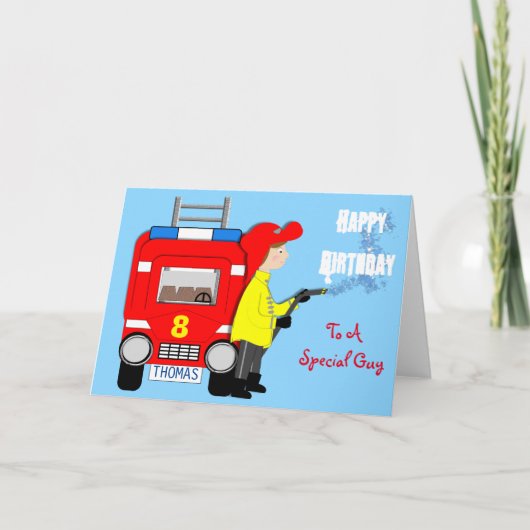 Fire-fighter Fire Engine thema Kind Happy Birthday Kaart (Voorkant)