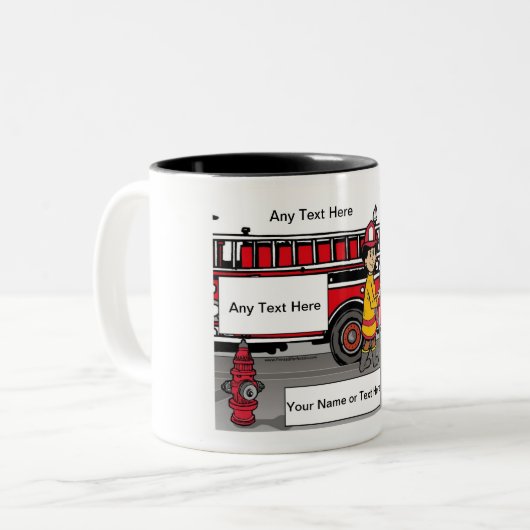 Fire Fighter - Male Cartoon by PrintedPerfection Tweekleurige Koffiemok (Voorkant links)