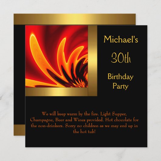 Fire Gold Black 30th Birthday Party Kaart (Voorkant / Achterkant)