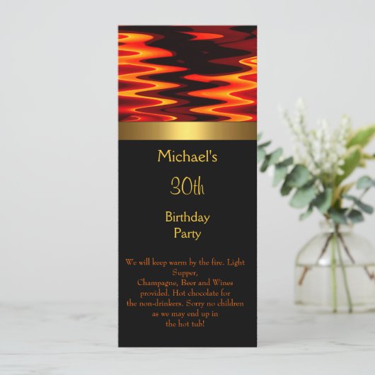 Fire Gold Black 30th Birthday Party Long 2 Kaart (Staand voorkant)