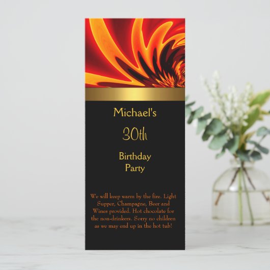 Fire Gold Black 30th Birthday Party Long Kaart (Staand voorkant)