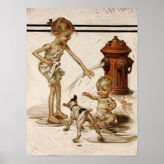 Fire Hydrant Shower, 1915 by J. C. Leyendecker Poster (Voorkant)
