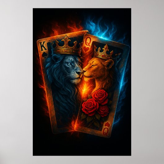 Fire & Ice Lions — Epic King & Queen Card Art Poster (Voorkant)