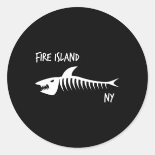 Fire Island Ny Shark Skelet Wit Print Ronde Sticker