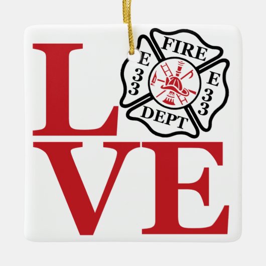 FIRE LOVE met Maltees kruis en stationsnummer Keramisch Ornament (Voorkant)