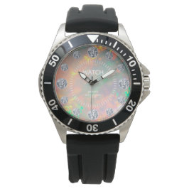 Fire Opal Diamond Solitaire Dial Aangepaste naam Horloge