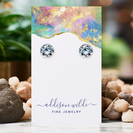 Fire Opal Rainbow Gemstone Earring Display Kaart Visitekaartje