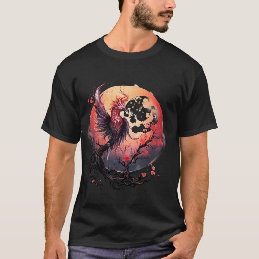 Fire Phoenix Bird Moon Sakura Tree Mythical Bird P T-shirt (Voorkant)