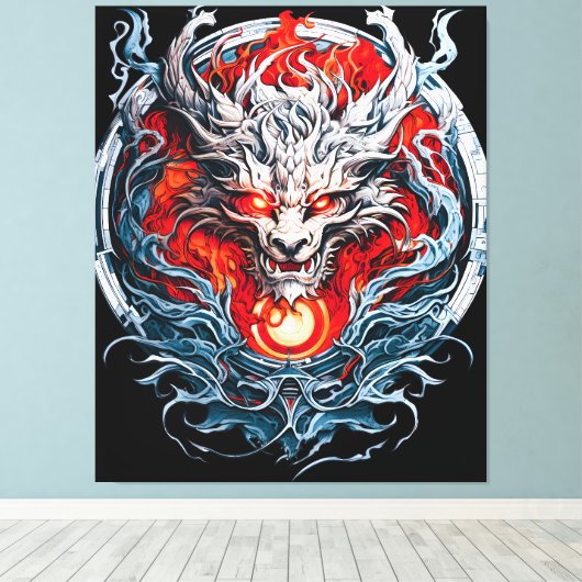Fire Red Flame Mythical Dragon Head Canvas Afdruk (Insitu (Houten vloer))