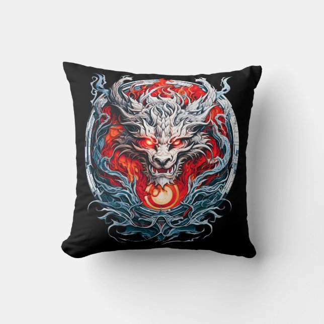 Fire Red Flame Mythical Dragon Head Kussen (Voorkant)