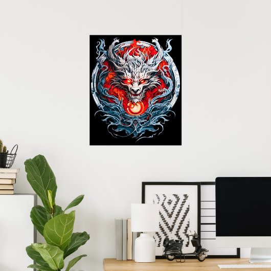 Fire Red Flame Mythical Dragon Head Poster (Thuiskantoor)