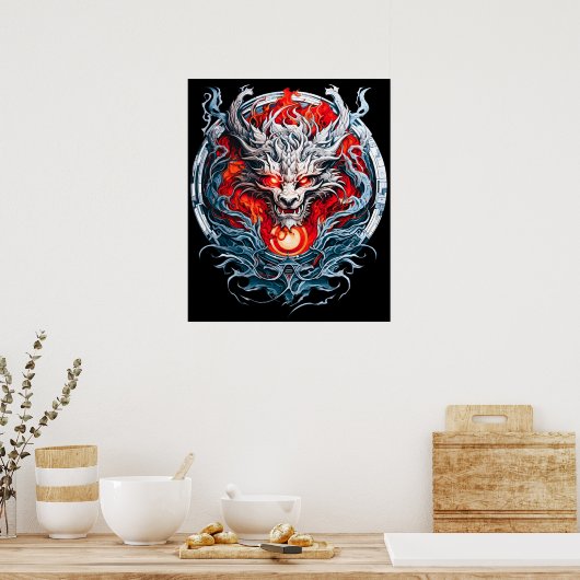 Fire Red Flame Mythical Dragon Head Poster (Keuken)