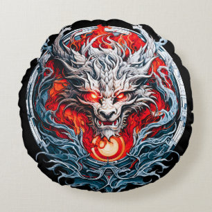 Fire Red Flame Mythical Dragon Head Rond Kussen