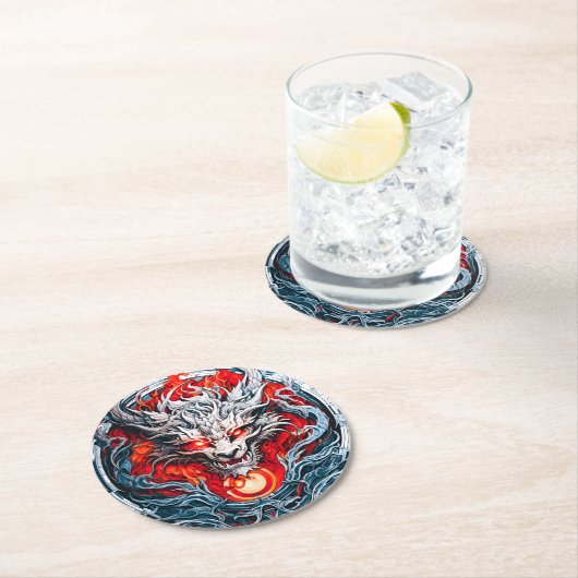 Fire Red Flame Mythical Dragon Head Ronde Kartonnen Onderzetter (Insitu)