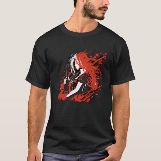 Fire red haired Rock n Roll Girl with Guitar T-shirt (Voorkant)
