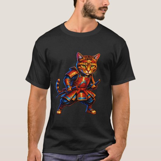 Fire Samurai Kat T-Shirt – Rode & Gouden Katachtig (Voorkant)