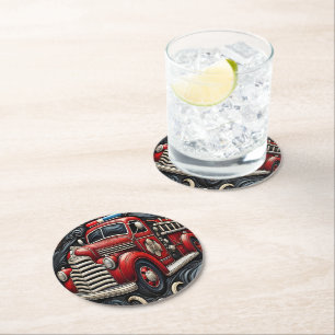 Fire Truck Art op leer Ronde Kartonnen Onderzetter