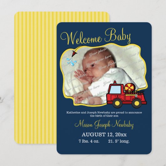 Fire Truck Baby Foto Geboorteaankondiging Aankondiging (Voorkant / Achterkant)