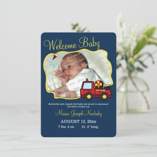 Fire Truck Baby Foto Geboorteaankondiging Aankondiging (Staand voorkant)