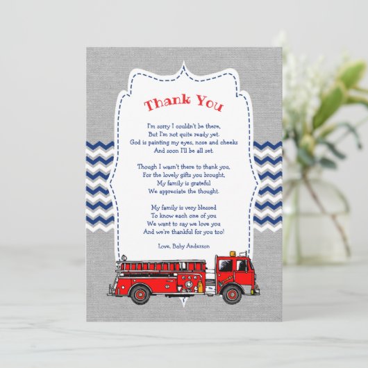Fire Truck Baby shower dank u opmerking Kaart (Staand voorkant)