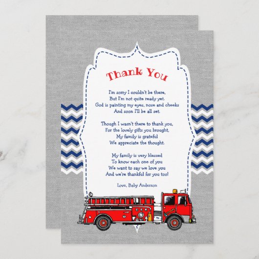 Fire Truck Baby shower dank u opmerking Kaart (Voorkant / Achterkant)