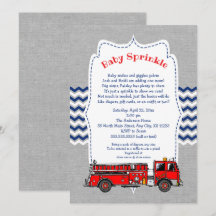 Fire Truck Baby Sprinkle uitnodiging, marinegrijs