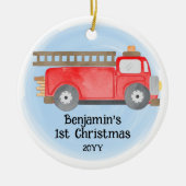 Fire Truck Baby's 1e Kerstmis Foto Keepsake Keramisch Ornament (Voorkant)