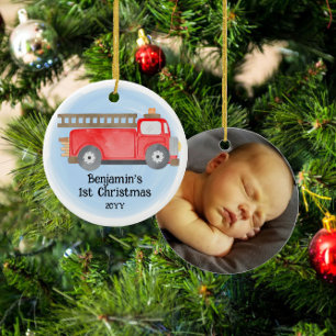 Fire Truck Baby's 1e Kerstmis Foto Keepsake Keramisch Ornament