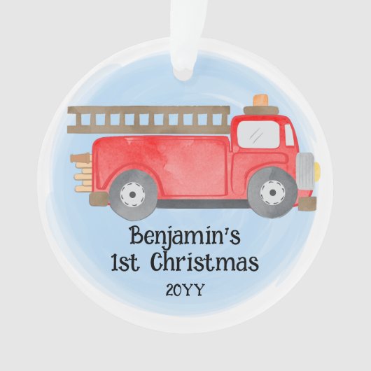 Fire Truck Baby's 1e Kerstmis Foto Keepsake Ornament (voorkant)