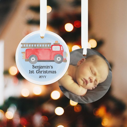 Fire Truck Baby's 1e Kerstmis Foto Keepsake Ornament