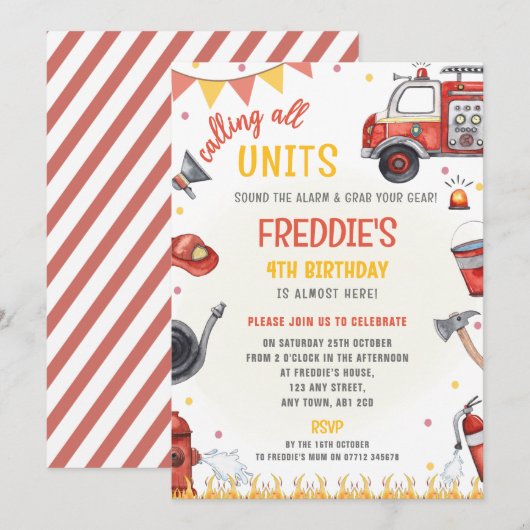 Fire Truck Birthday Invitation - Sound the Alarm Kaart (Voorkant / Achterkant)