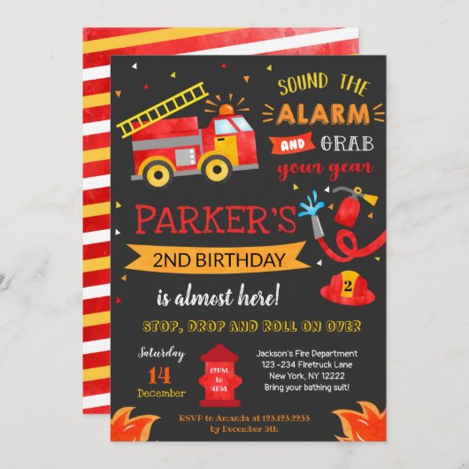 Fire Truck Birthday Party Invitation Fireman Kaart (Voorkant / Achterkant)