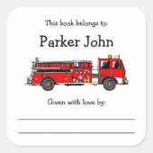 Fire Truck boekenplaat met bericht Vierkante Sticker (Voorkant)
