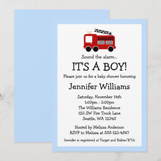 Fire Truck Boy Baby Shower-uitvindingen Kaart (Voorkant / Achterkant)