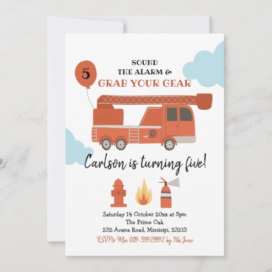 Fire Truck Boy Birthday Party Invitation Kaart (Voorkant)