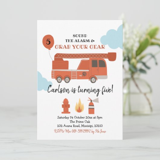 Fire Truck Boy Birthday Party Invitation Kaart (Staand voorkant)