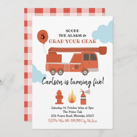 Fire Truck Boy Birthday Party Invitation Kaart (Voorkant / Achterkant)