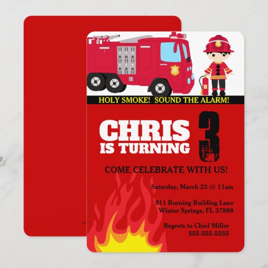 Fire Truck Boy Birthday Uitnodiging (Voorkant / Achterkant)