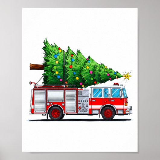 Fire Truck Christmas Tree Xmas Lights Firefighter  Poster (Voorkant)