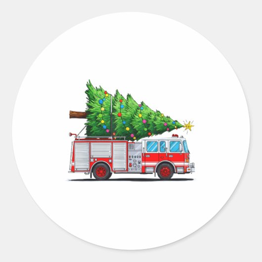 Fire Truck Christmas Tree Xmas Lights Firefighter Ronde Sticker (Voorkant)